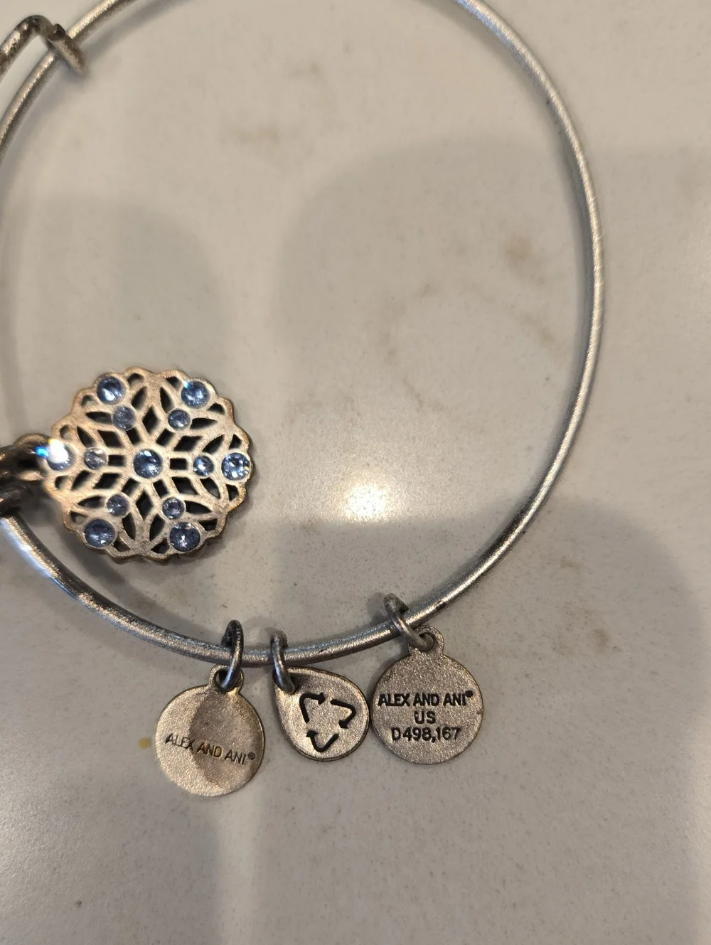 Alex and Ani Silver Tone Floral Blue Crystal Charm Bracelet